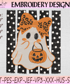 Leopard Bow Ghost Embroidery Design with Pumpkin Trick or Treat Bag