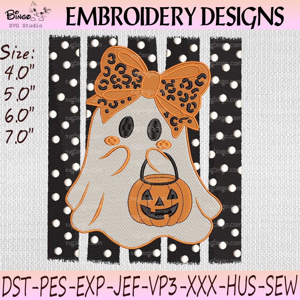 BINGO EBR-Recovered Leopard Bow Ghost Embroidery Design with Pumpkin Trick or Treat Bag