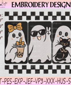 Cute Ghost Trio Halloween Machine Embroidery Design with Bow, Sunglasses and Black Cat