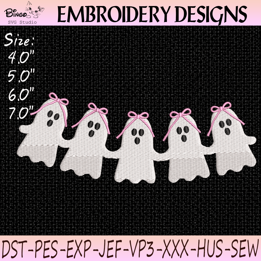BINGO EBR-Recovered Coquette Ghost Embroidery Design with Pink Bow Ghost Friends for Cute Girly Halloween