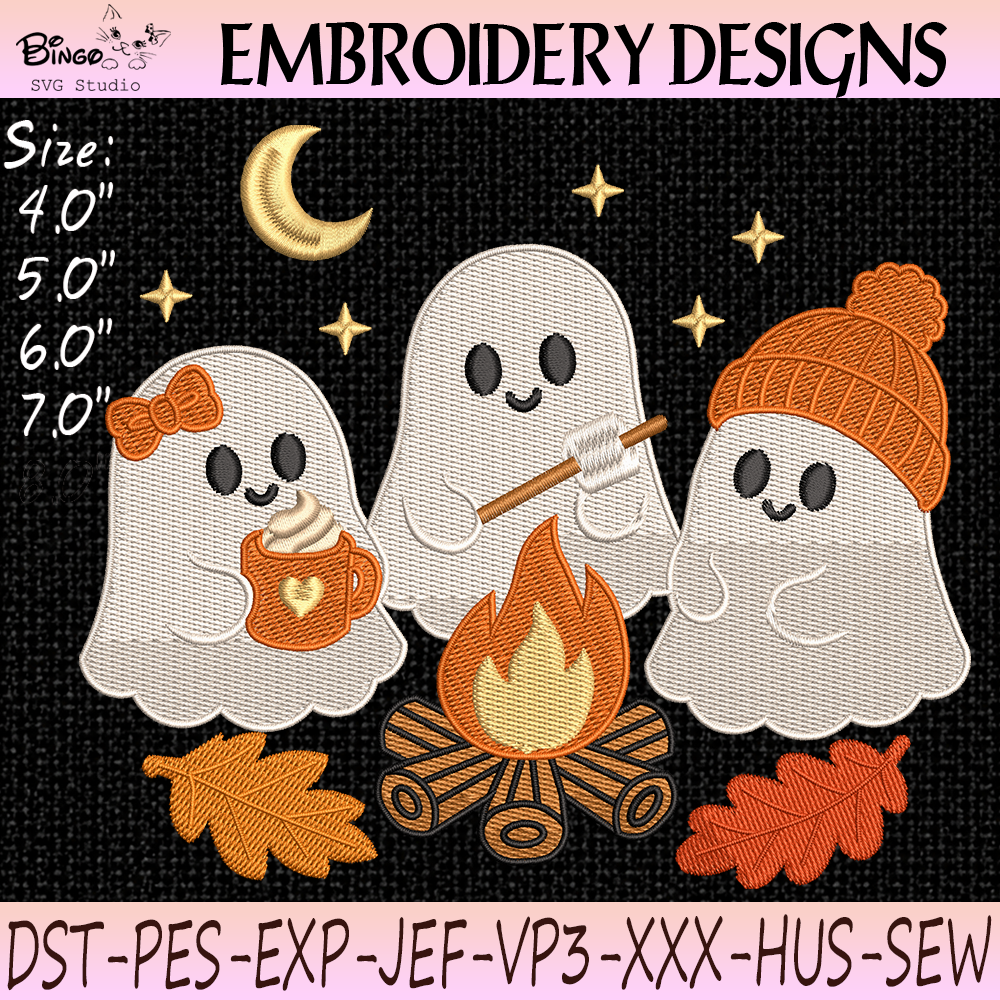 BINGO MOCKUP THÊUz Cute Autumn Ghost Camping Embroidery Design with Halloween Ghosts and Cozy Campfire