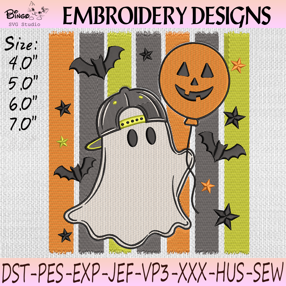 Cute Cap Ghost with Pumpkin Balloon Ghost Halloween Embroidery Design with Cap and Pumpkin Balloon
