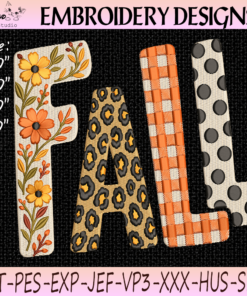 Fall Letter Embroidery Design with Floral Leopard and Gingham Patterns