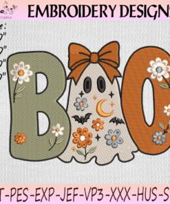 Floral BOO Ghost Embroidery Design, Cute Halloween Ghost with Bow, Retro Fall Machine Embroidery File, PES DST JEF
