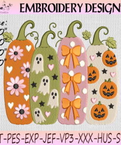 Halloween Pumpkin Embroidery Design, Coquette Bow Ghost and Floral Pumpkins, PES DST JEF Machine Embroidery File