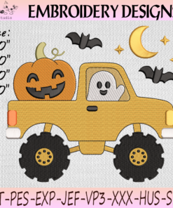 Halloween Truck Embroidery Design, Ghost Pumpkin Pickup Machine Embroidery File, PES DST JEF
