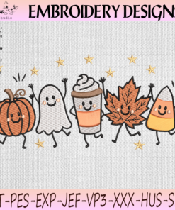 Fall Halloween Friends Embroidery Design with Dancing Pumpkin Ghost Coffee and Candy Corn