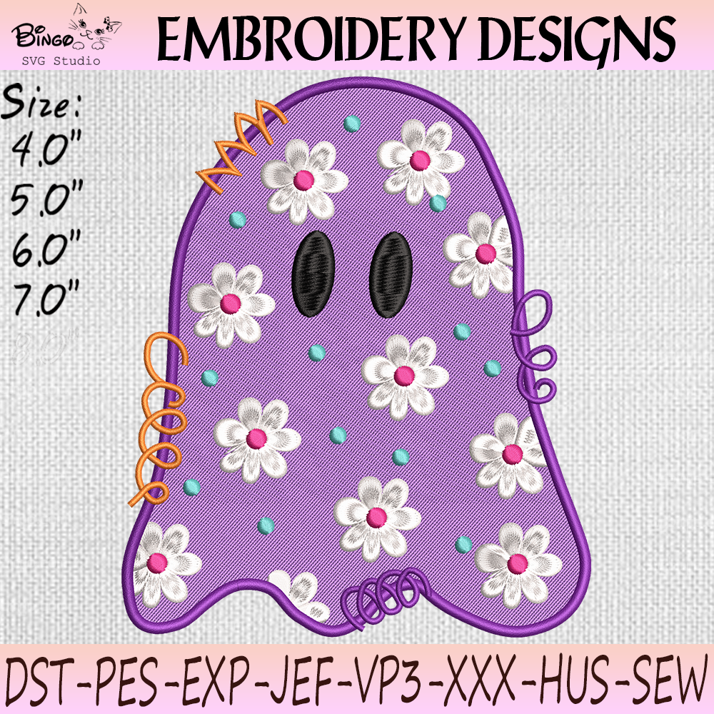 Floral Ghost Embroidery Design Floral Ghost Embroidery Design with Daisy Flowers and Pastel Purple Halloween Ghost