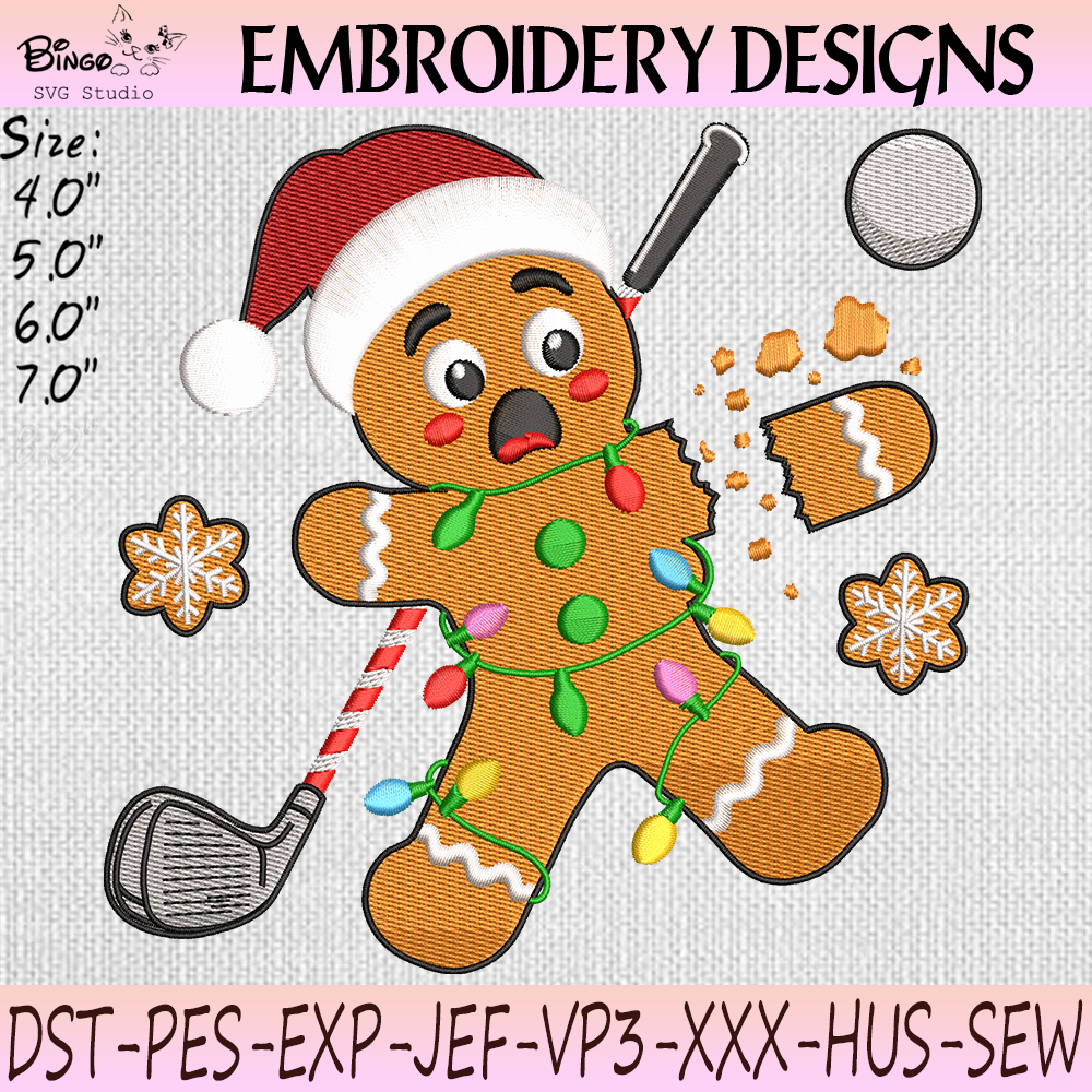 Gingerbread Golf Embroidery Design Christmas gingerbread golfer embroidery mockup