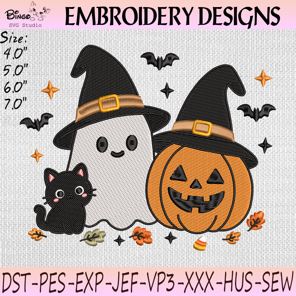 Halloween Black Cat Ghost Embroidery Design