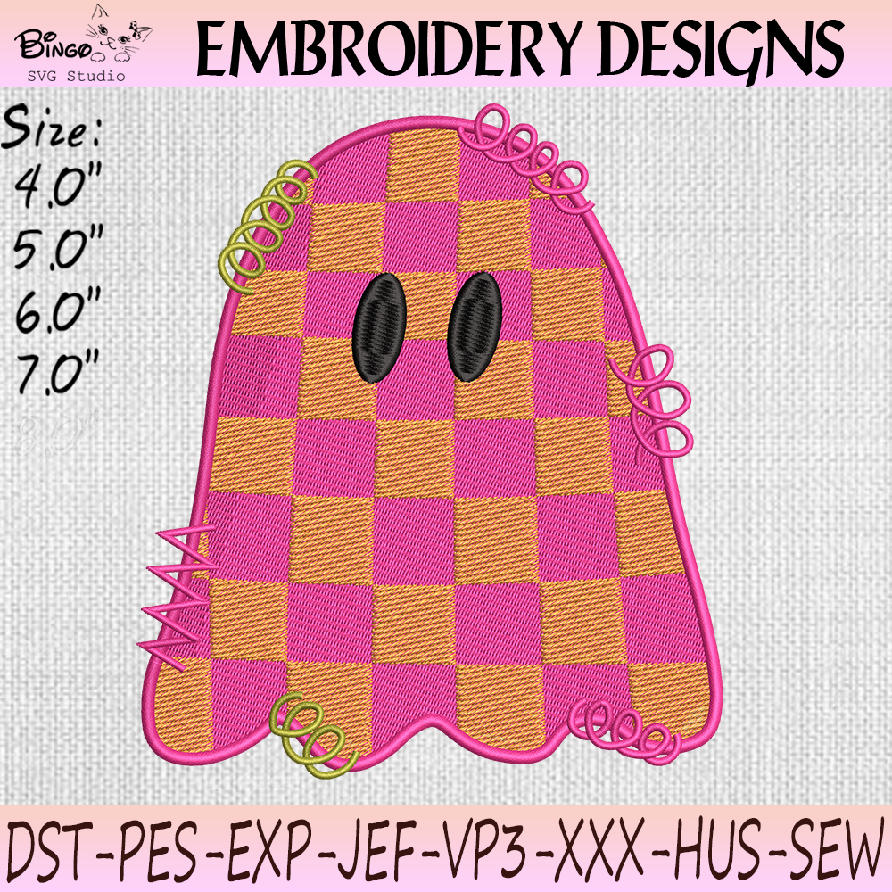 Pink Checkered Ghost Embroidery Design