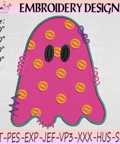 Pink Polka Dot Ghost Embroidery Design with Cute Halloween Ghost and Colorful Details