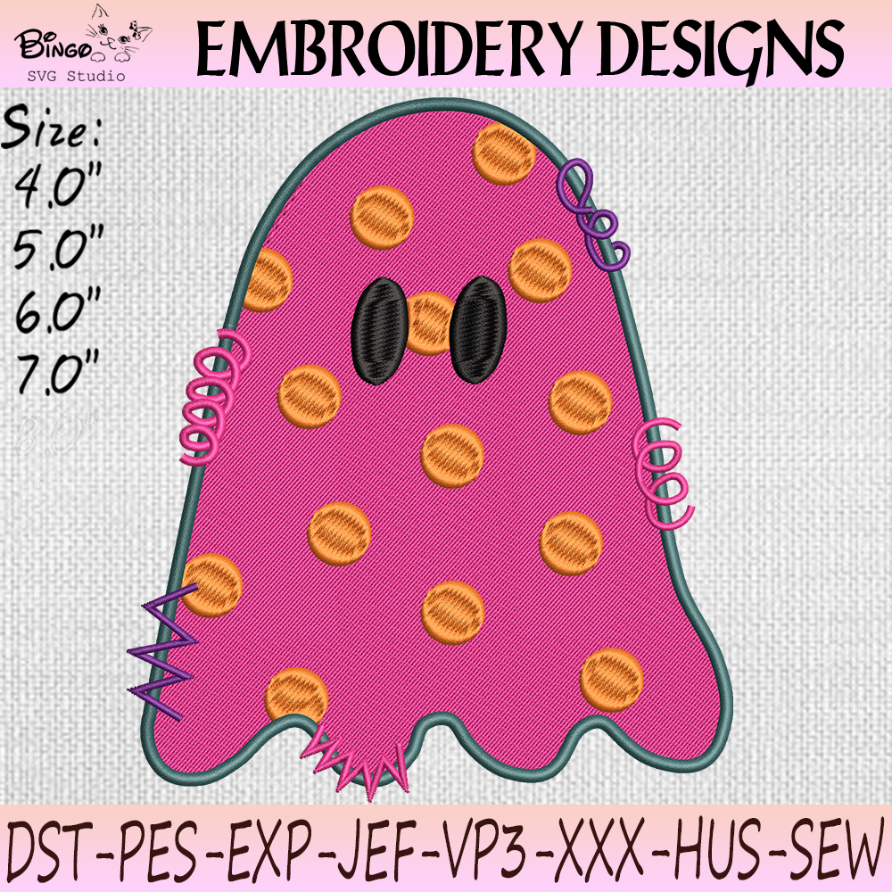 Pink Polka Dot Ghost Embroidery Design Pink Polka Dot Ghost Embroidery Design with Cute Halloween Ghost and Colorful Details