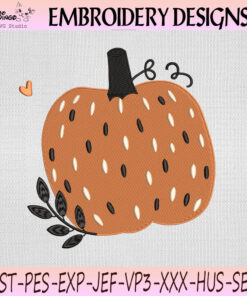 Rustic fall pumpkin embroidery design with cream and black speckled details and a dark leafy branch