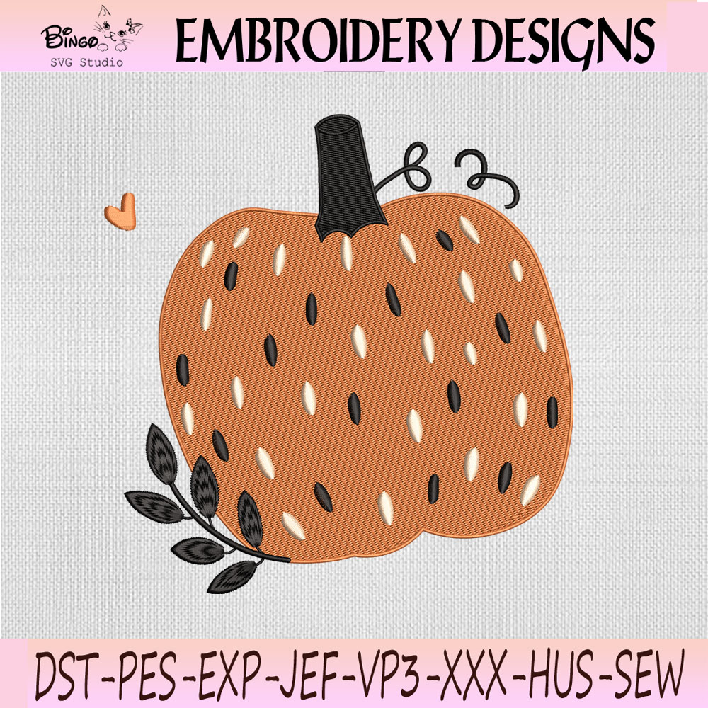 Speckled Fall Pumpkin Embroidery Design Rustic fall pumpkin embroidery design with cream and black speckled details and a dark leafy branch