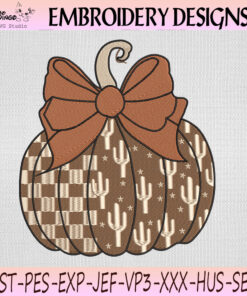 Western Pumpkin Bow Embroidery Design, Cactus Fall Pumpkin Machine Embroidery File